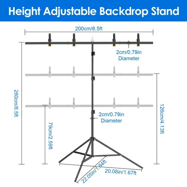 6.5x8.5FT T Shape Photo Video Backdrop Stand Heavy Duty Background Stand Adjustable Photography Backdrop Stand With 6 Spring Clamps Sandbag Carry Bag For Studio Party Wedding