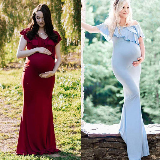 Maternity Ruffled Neck Trailing One-piece Long Skirt Photography Dress