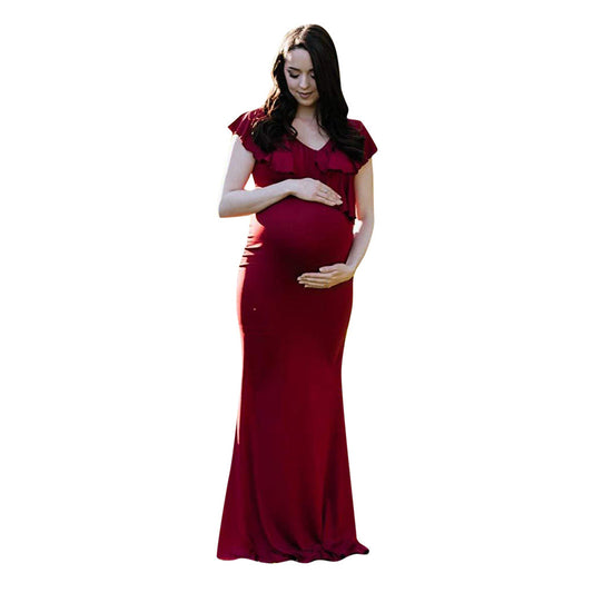 Maternity Ruffled Neck Trailing One-piece Long Skirt Photography Dress