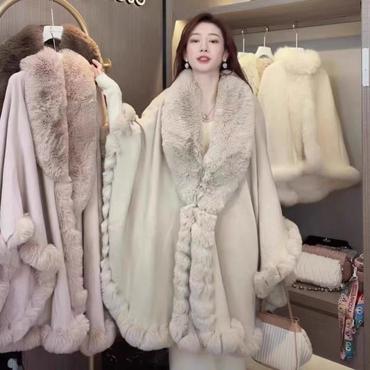 Artificial Rex Rabbit Wool Cape Shawl Women's Oversized Knit Woolen Cardigan Baggy Coat