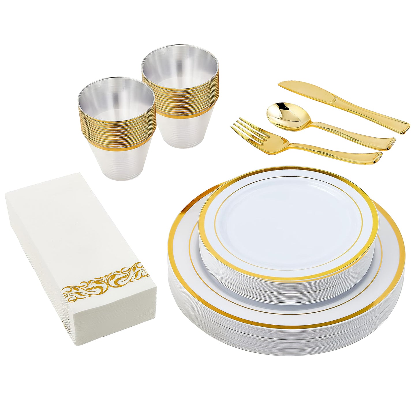Set Of 175Pcs Disposable Gold Dinnerware Set Gold Rim Plastic Plates Cups Fork Spoon Knife Paper Napkins For Party Wedding Graduation