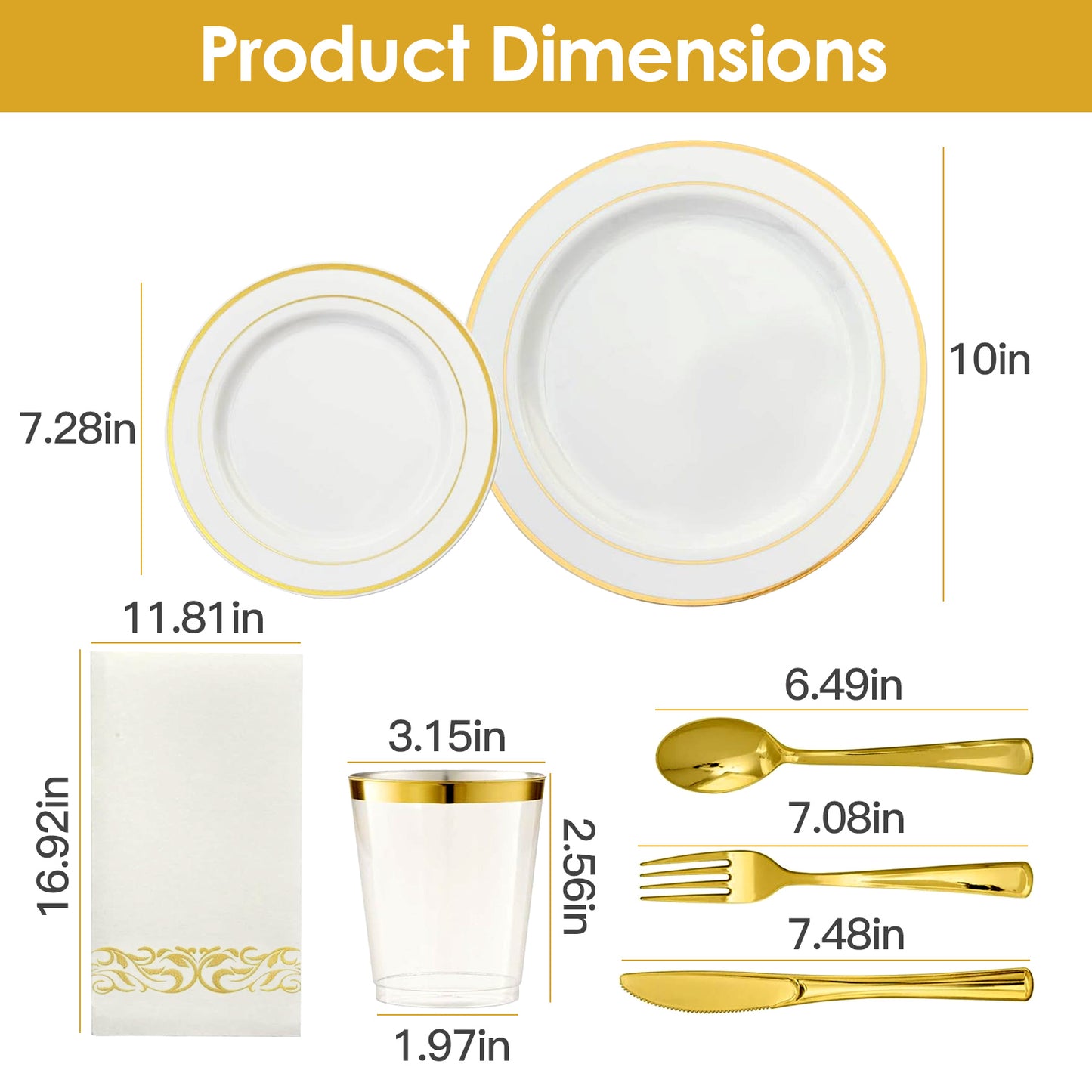 Set Of 175Pcs Disposable Gold Dinnerware Set Gold Rim Plastic Plates Cups Fork Spoon Knife Paper Napkins For Party Wedding Graduation