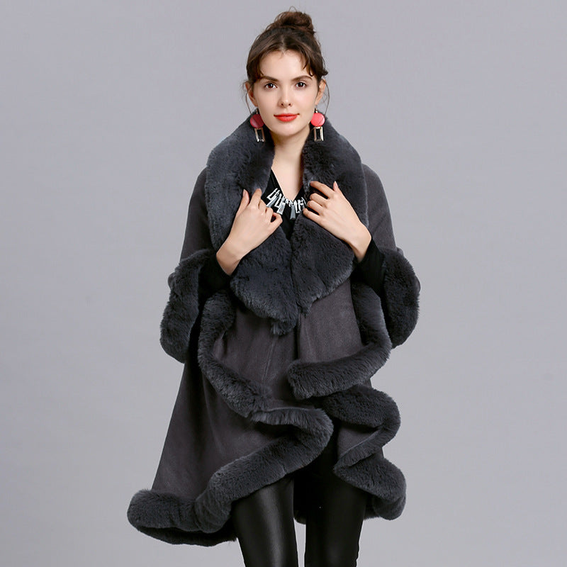 Fur Shawl And Fur Collar Knitted Cardigan Shawl Cloak