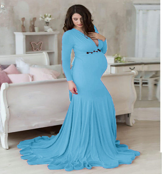 Mercerized Cotton Maternity V-neck Mop Long Sleeve Long Dress