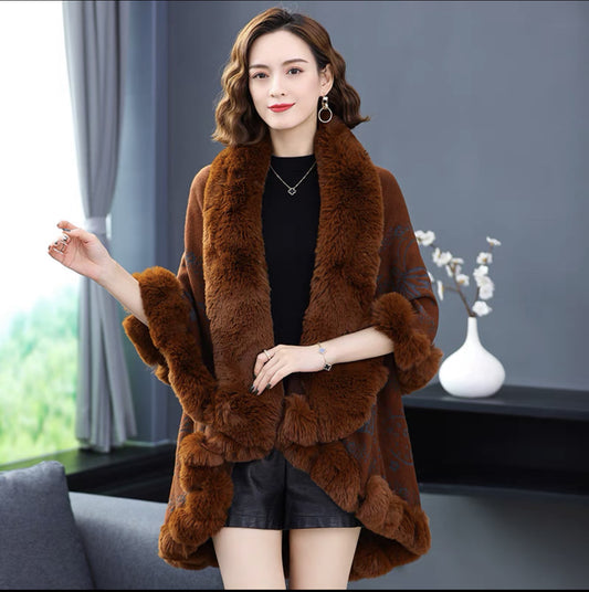 Imitation Rex Rabbit Fur Collar Shawl Cape Women's Plus Size