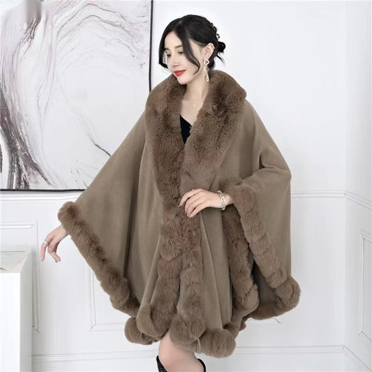 Artificial Rex Rabbit Wool Cape Shawl Women's Oversized Knit Woolen Cardigan Baggy Coat