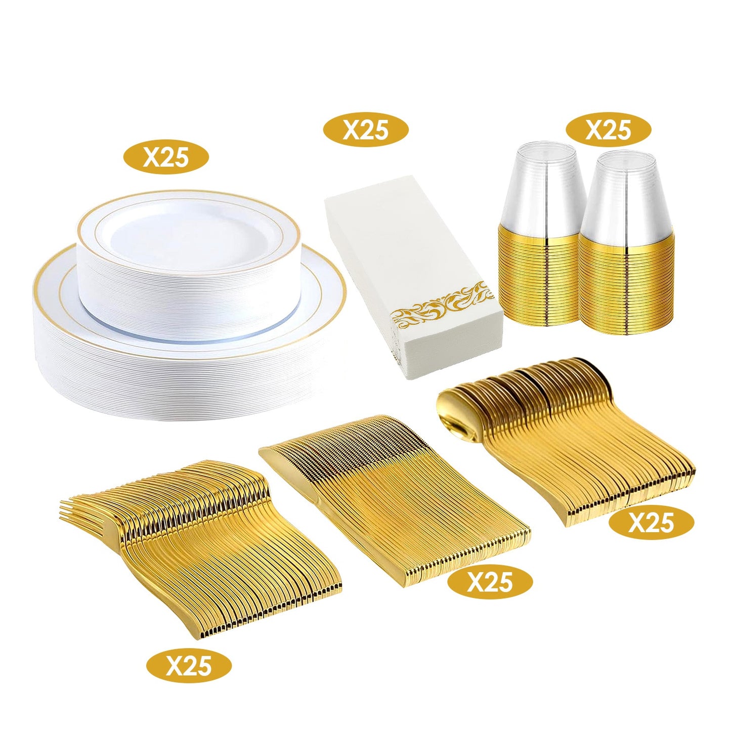 Set Of 175Pcs Disposable Gold Dinnerware Set Gold Rim Plastic Plates Cups Fork Spoon Knife Paper Napkins For Party Wedding Graduation