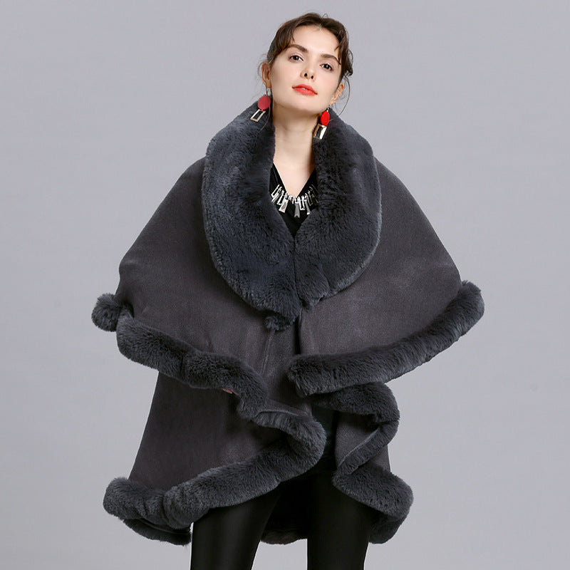 Fur Shawl And Fur Collar Knitted Cardigan Shawl Cloak