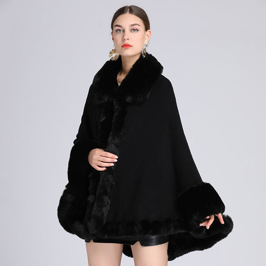 Rex Rabbit Fur Collar Shawl Cape Knitted