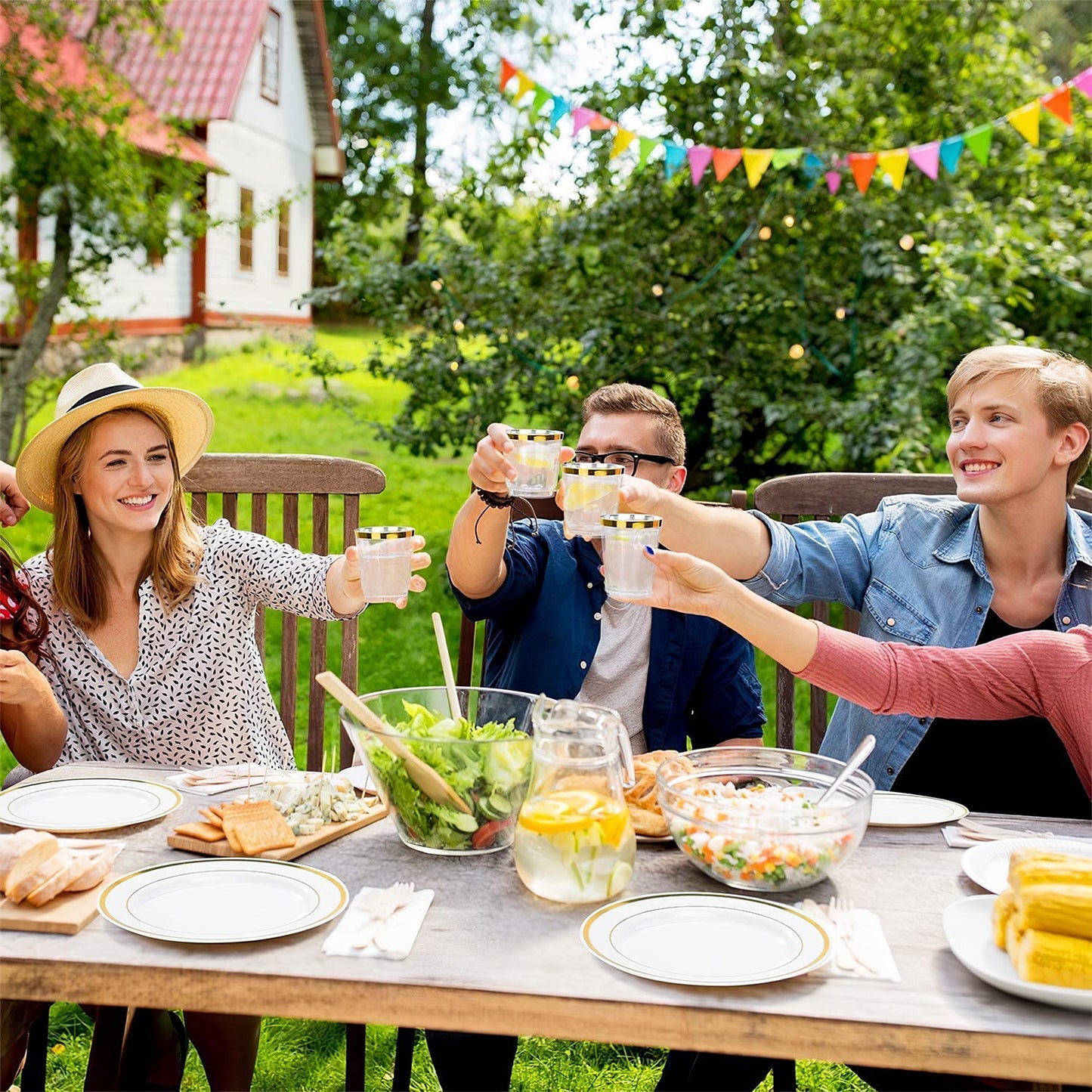 Set Of 175Pcs Disposable Gold Dinnerware Set Gold Rim Plastic Plates Cups Fork Spoon Knife Paper Napkins For Party Wedding Graduation