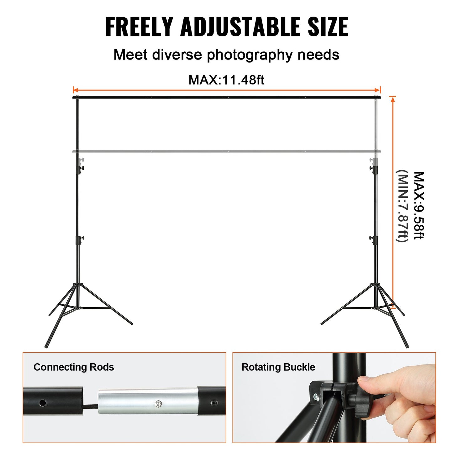 VEVOR 11.48 X 9.58 Ft Heavy Duty Backdrop Stand, Height Adjustable Photography Backdrop Stand, Background Support System With 6 Clamps And A Carry Bag, For Party, Wedding, Display, Photo