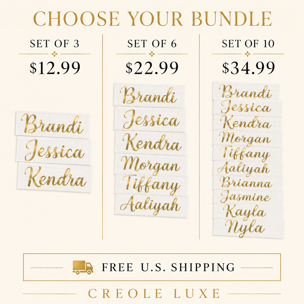 Personalized Gold Name Decal Bundle – Sets of 3, 6 or 10