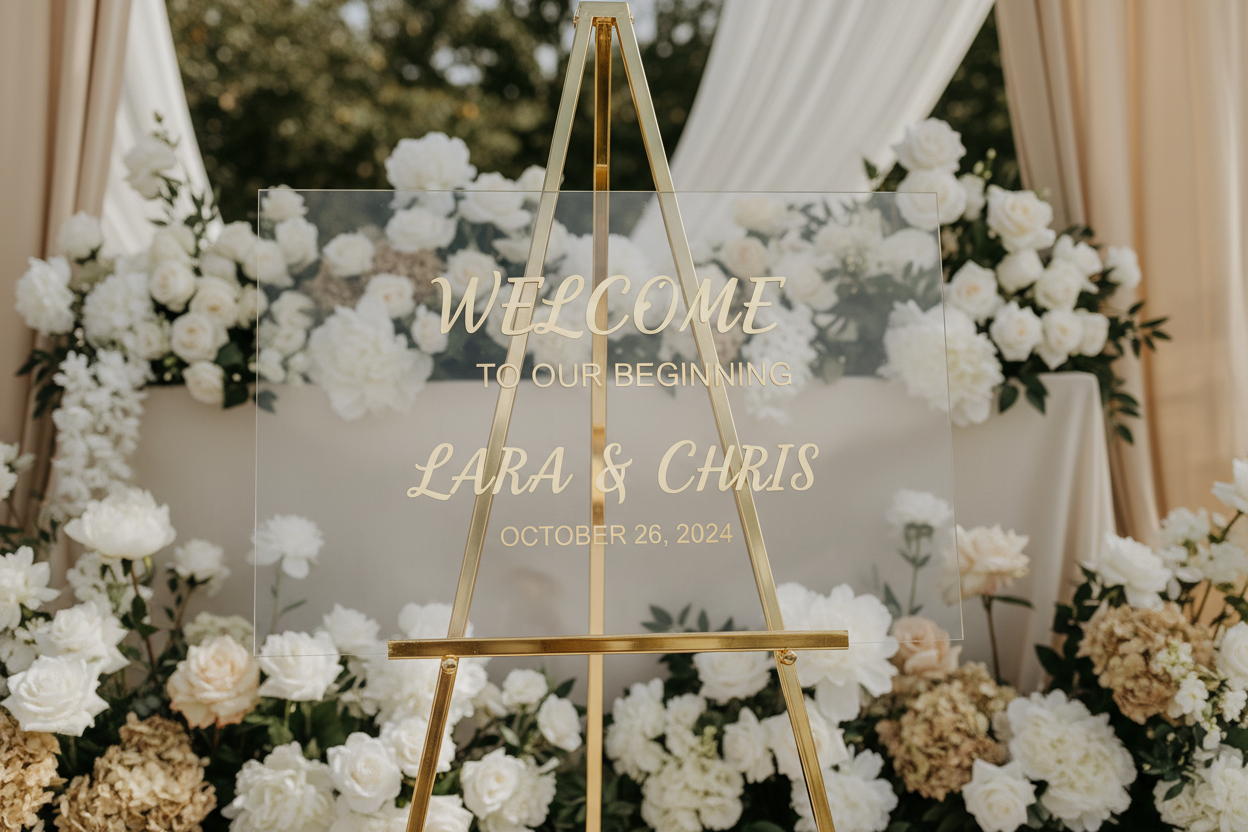 A hyper-realistic mockup of a luxury acrylic event sign displayed on an elegant gold metal stand. The sign is clear acrylic with gold vinyl lettering, photographed in soft natural lighting. Blurred floral arrangements in the background, neutral white and beige tones, high-end wedding atmosphere, shallow depth of field, crisp glossy acrylic reflections, commercial product photography, 8K detail.
