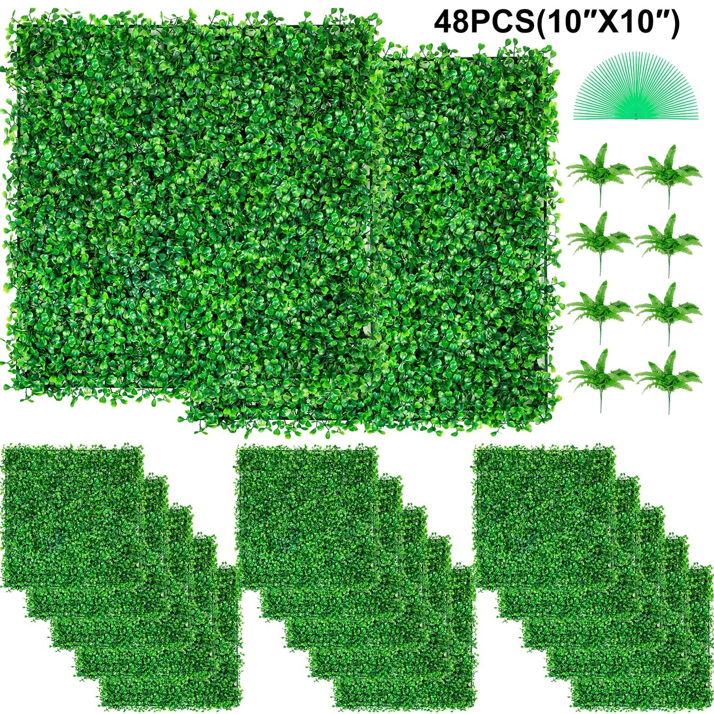 Artificial Boxwood Panel UV 48pcs Boxwood Hedge Wall Panels Artificial Grass Backdrop Wall 10X10" 4cm Green Grass Wall Fake Hedge For Decor Privacy Fence Indoor Outdoor Garden Backyard