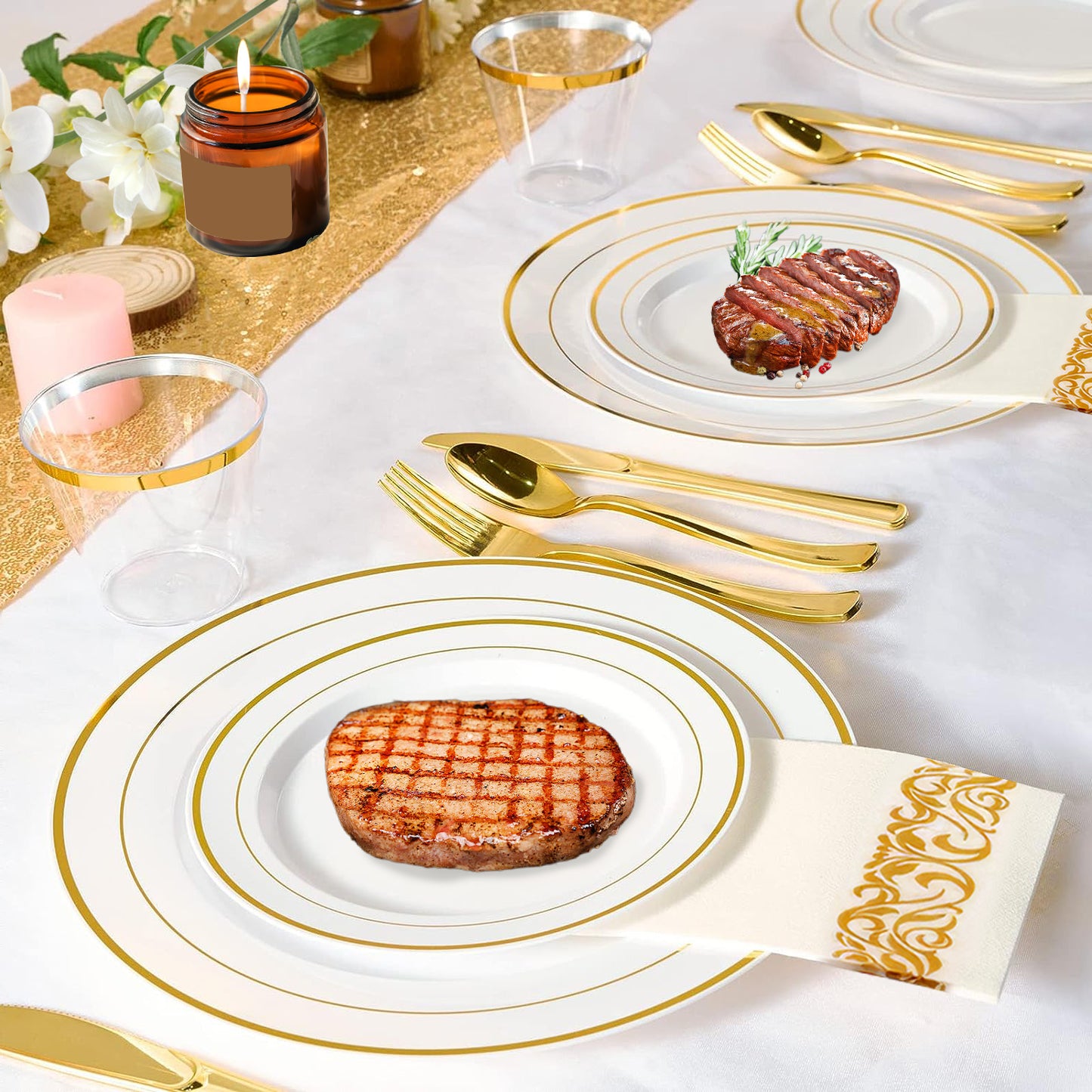 Set Of 175Pcs Disposable Gold Dinnerware Set Gold Rim Plastic Plates Cups Fork Spoon Knife Paper Napkins For Party Wedding Graduation