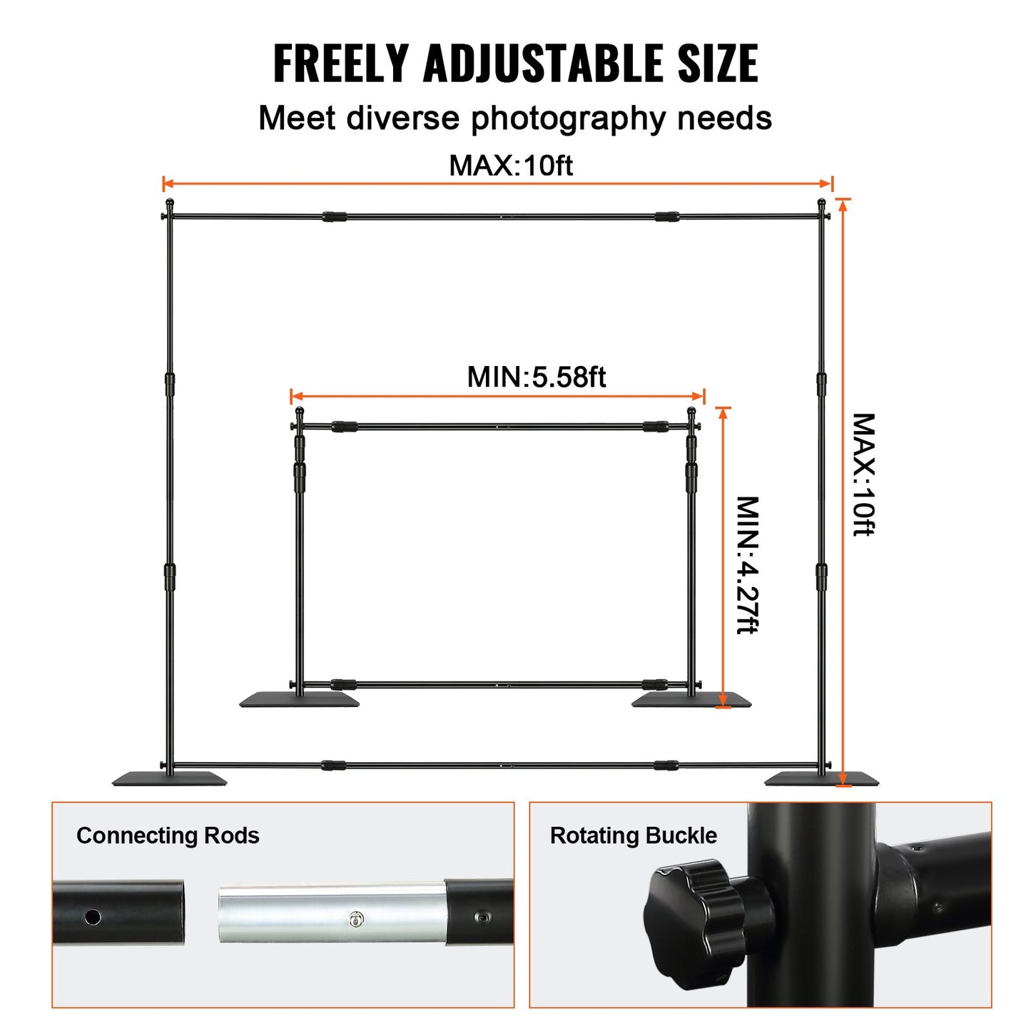10ft X 10ft Pipe And Drape Kit, Heavy Duty Backdrop Stand With Carbon Steel Base, Adjustable Backdrop Support With 6 Clamps And A Carry Bag For Wedding, Party, Event, Photography, And Exhibition