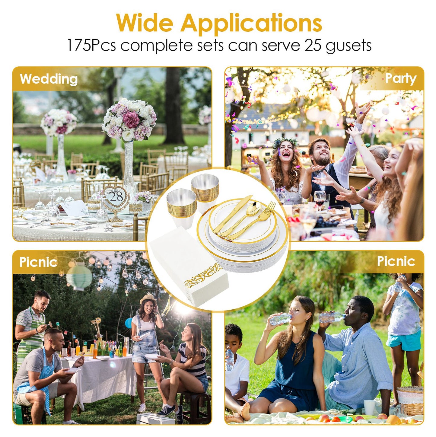 Set Of 175Pcs Disposable Gold Dinnerware Set Gold Rim Plastic Plates Cups Fork Spoon Knife Paper Napkins For Party Wedding Graduation