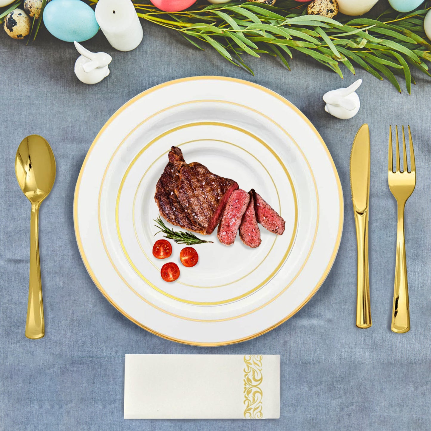 Set Of 175Pcs Disposable Gold Dinnerware Set Gold Rim Plastic Plates Cups Fork Spoon Knife Paper Napkins For Party Wedding Graduation