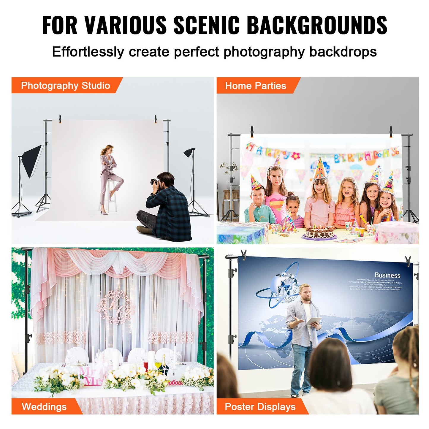 VEVOR 11.48 X 9.58 Ft Heavy Duty Backdrop Stand, Height Adjustable Photography Backdrop Stand, Background Support System With 6 Clamps And A Carry Bag, For Party, Wedding, Display, Photo